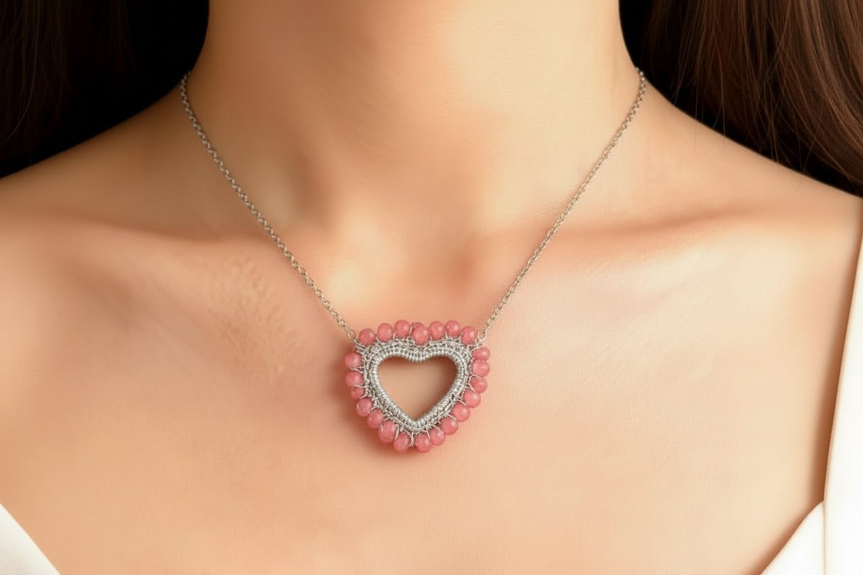 Choker Crochet con Cuore di Cristalli - Collana Artigianale Silver